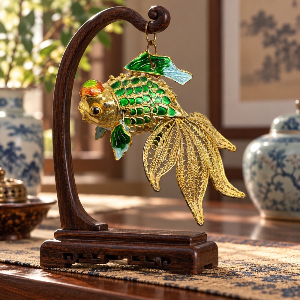 Vintage Articulated Goldfish Koi Ornament Green Cloisonne Enamel Filigree Tail